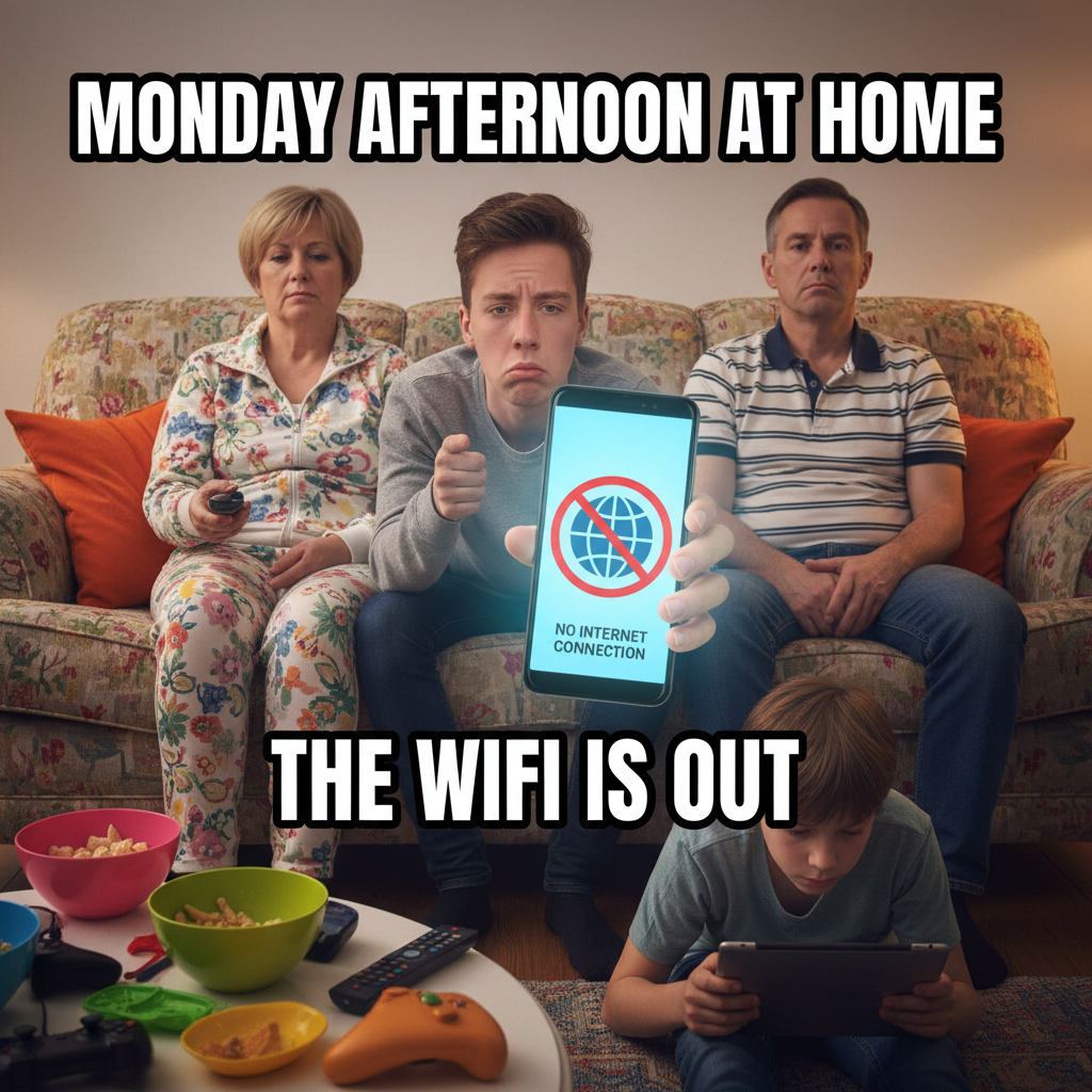 The wifi went down. I'm now forced to interact with my family. Send help.