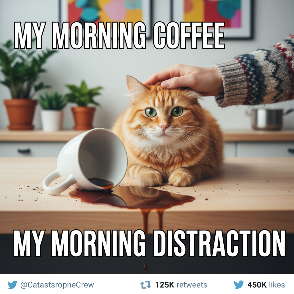 My cat just knocked over my coffee. I'm mad, but also, look at that cute little face.