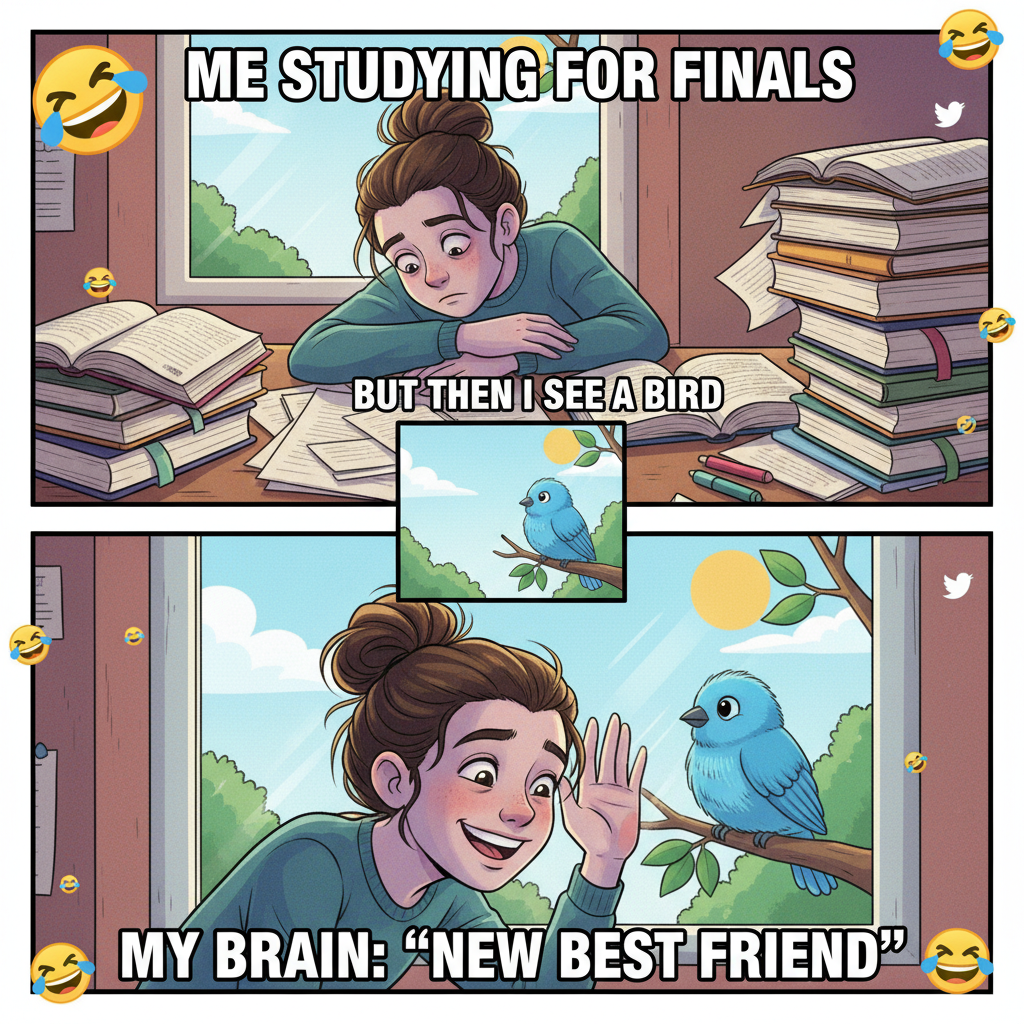 My brain during exam season: 'Is that a bird outside? What's its favorite color?'