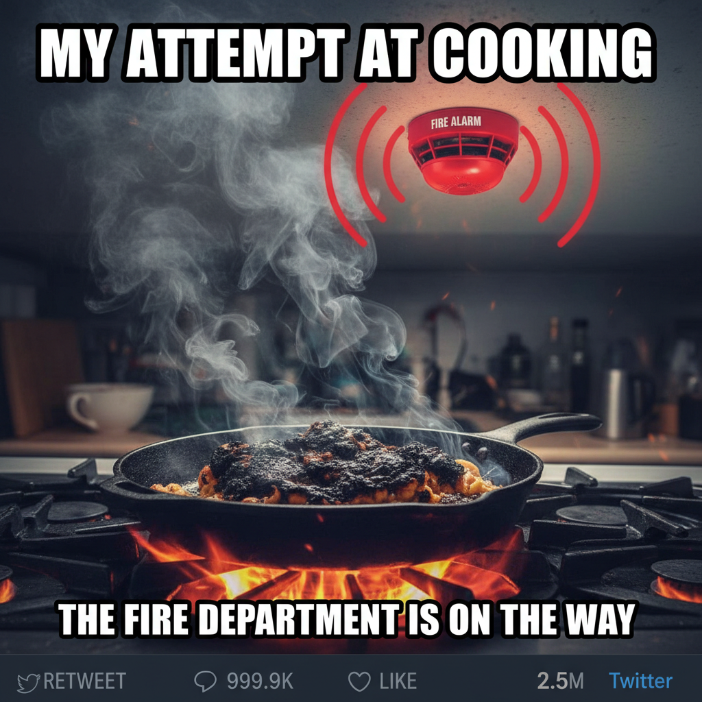 Tried to cook a fancy meal. Ended up with charcoal and a fire alarm concert. Send pizza.