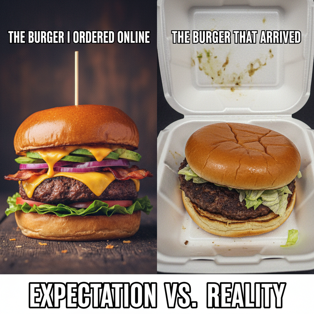 Ordered a gourmet burger, got a sad patty. Food delivery expectations vs reality is brutal.