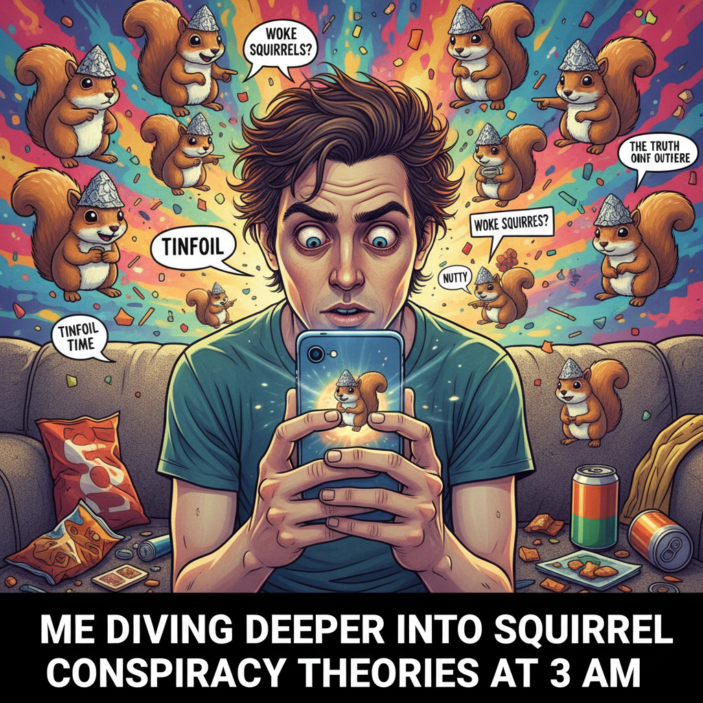 Me: 'I'll just check Twitter for 5 mins.' 3 hours later: *deep dive into squirrel conspiracy theories*