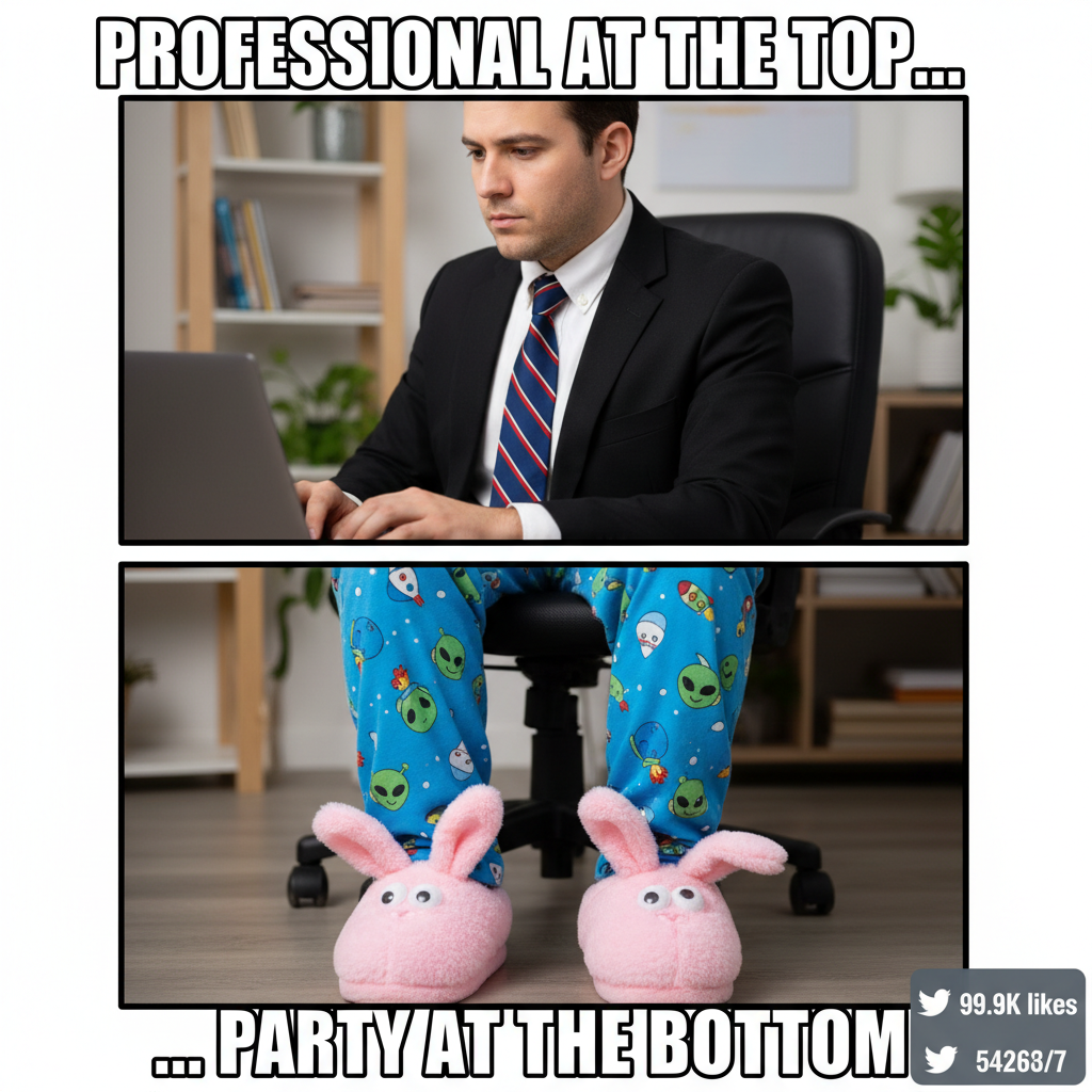 My WFH uniform: Business on top, pajama party on the bottom. Always.