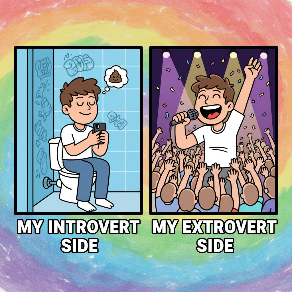 Introverts at a party: recharging in the bathroom. Extroverts: IS THIS MIC ON?!