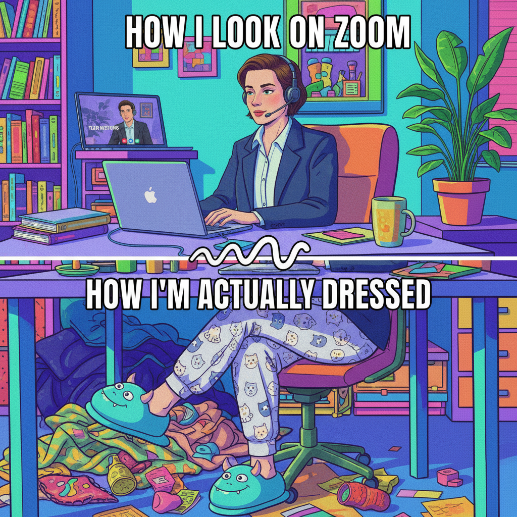 My work-from-home uniform: business on top, pajama pants on bottom. The ultimate disguise.