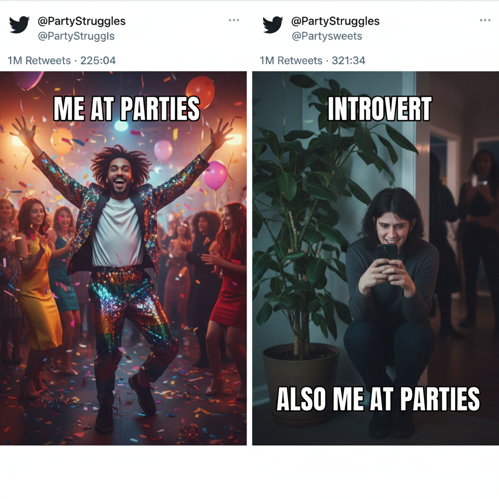 Introvert at a party vs. Extrovert at a party. One is thriving, one is planning their escape.