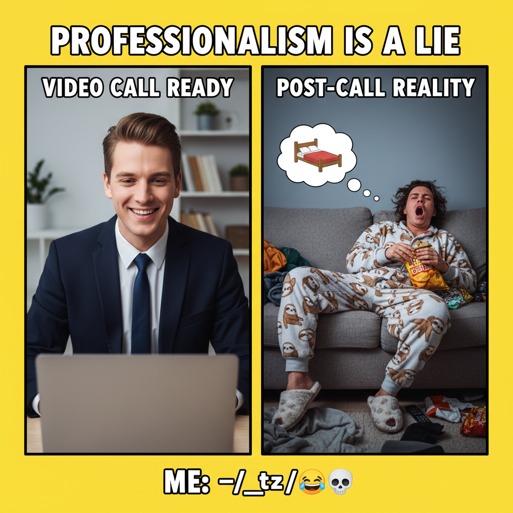 Me on a video call vs. me 5 mins later still in pajamas, 'working' from home.