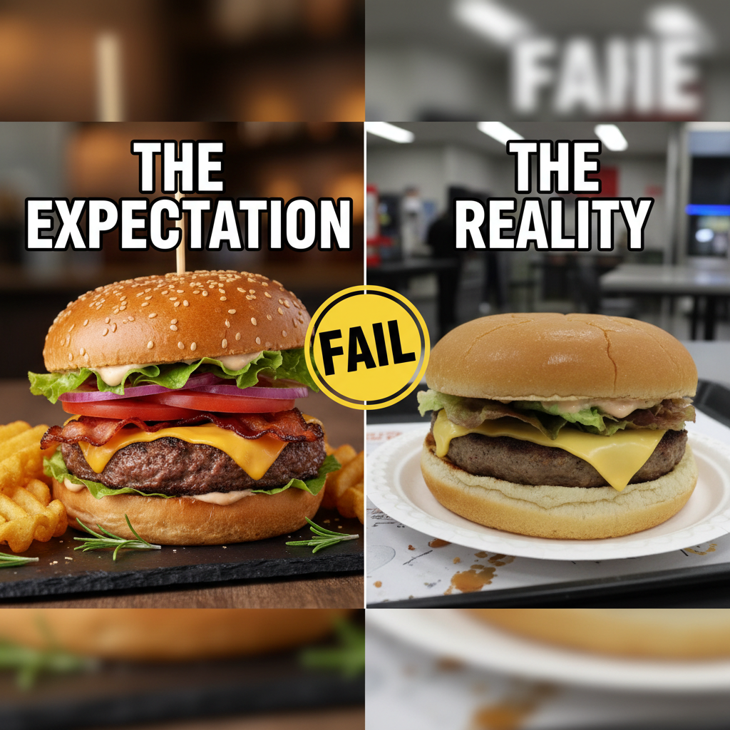 Ordered a gourmet burger. Got a sad patty on a bun. My disappointment is immeasurable.
