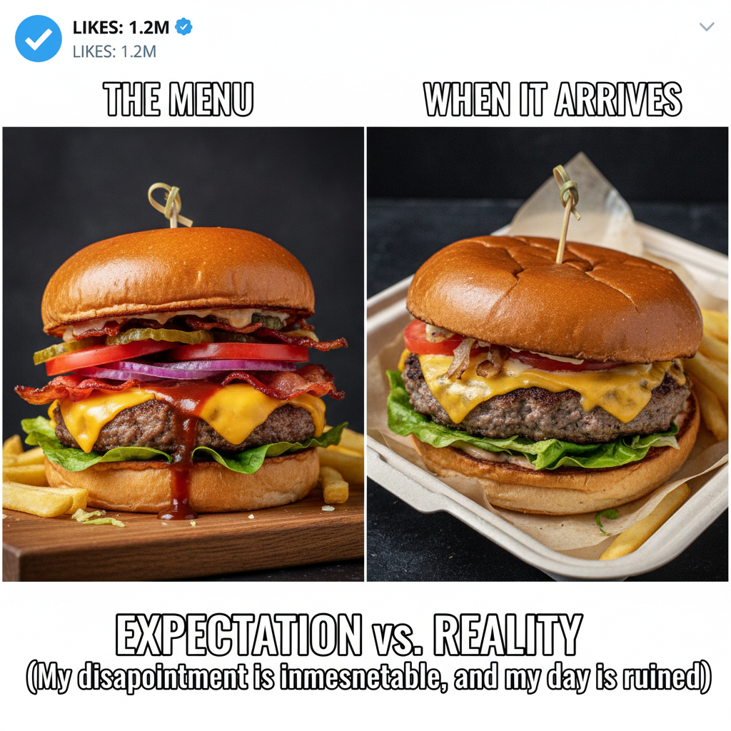Ordered a gourmet burger, got a sad patty that looks like it lost a fight. Expectations vs. Reality.