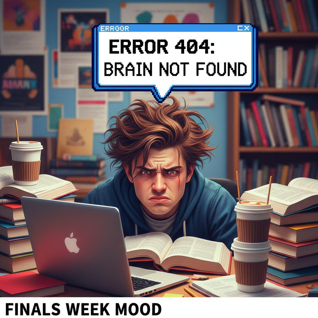 My brain during exam season: 'Error 404: Information not found. Please try again after coffee.'
