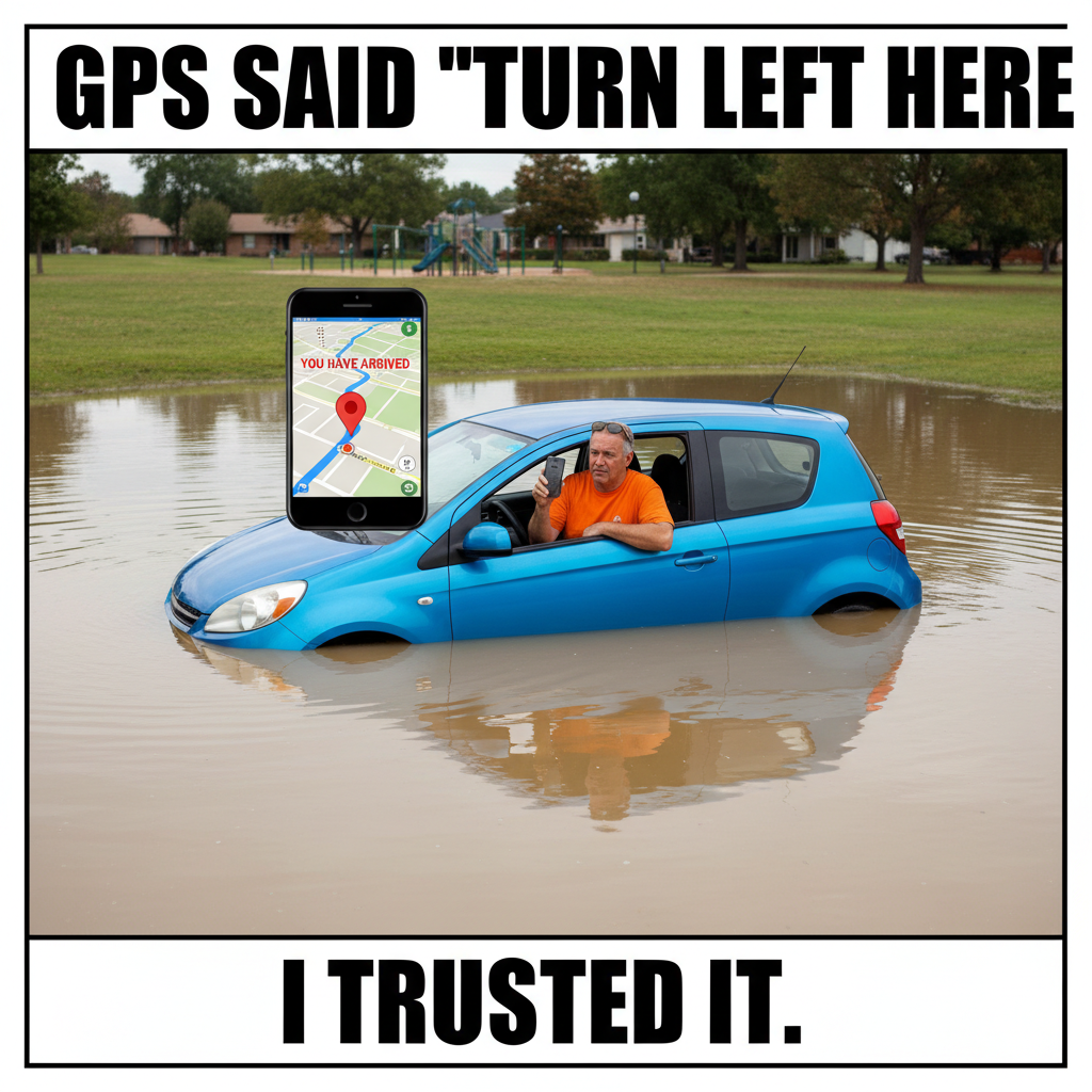 GPS: 'In 200 feet, turn right.' Me: *drives into a lake* 'Close enough.'