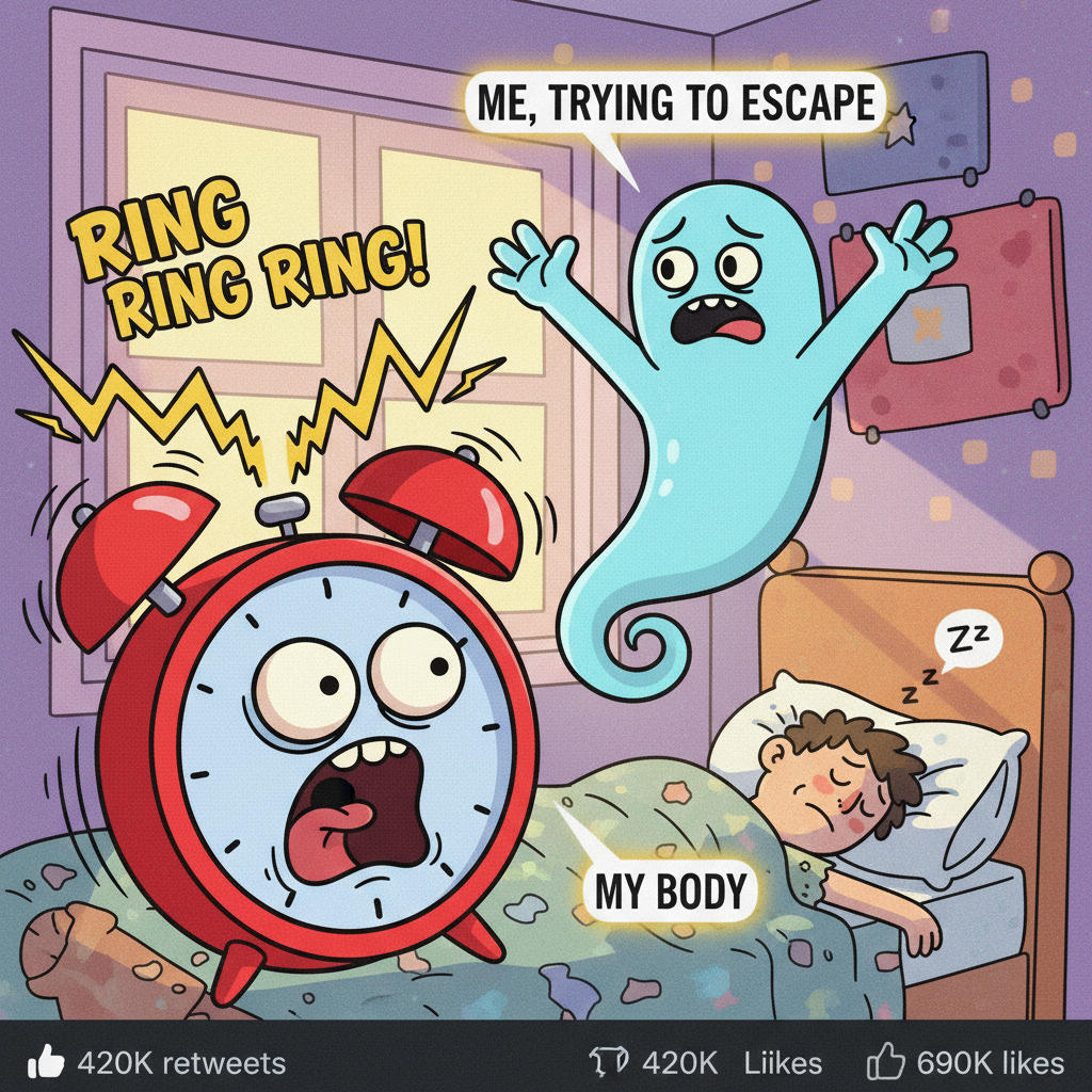 My alarm clock on Monday morning vs. my soul trying to escape my body.