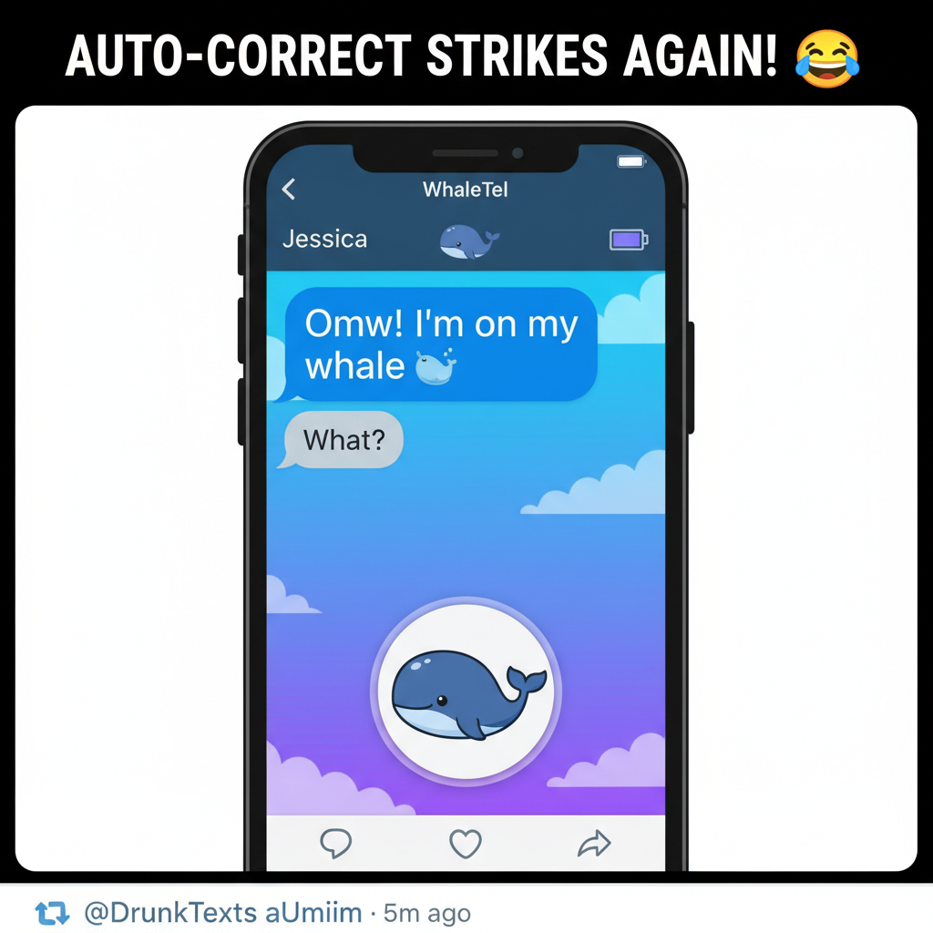 Autocorrect changed 'I'm on my way' to 'I'm on my whale'. My boss is confused.
