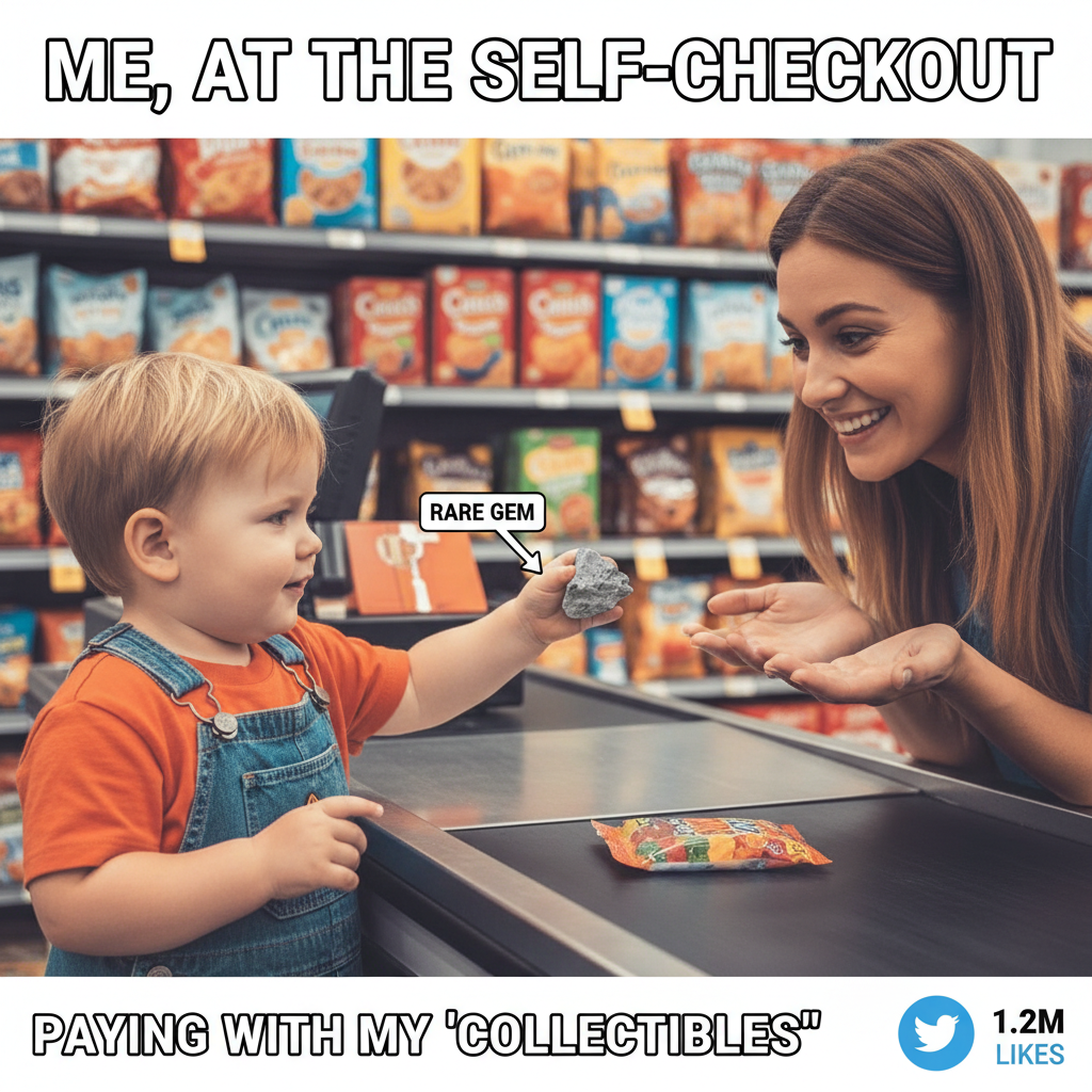 My toddler just tried to pay for groceries with a rock. Peak parenting.