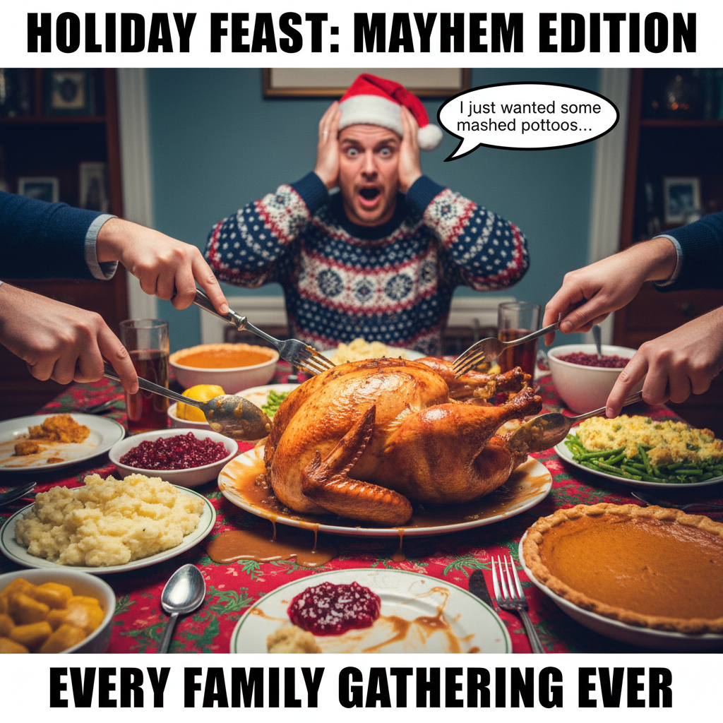 Holiday dinner: where 'pass the salt' becomes a 30-minute family debate. Send help.