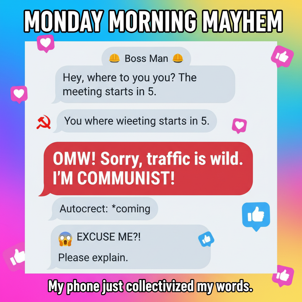 Autocorrect changed 'I'm coming' to 'I'm communist.' My boss is now very confused.