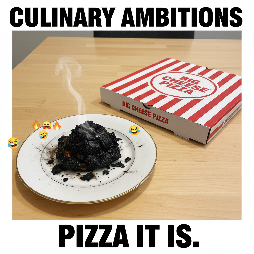 My 'gourmet' dinner turned into a charcoal briquette. Send help (and pizza). #CookingFail