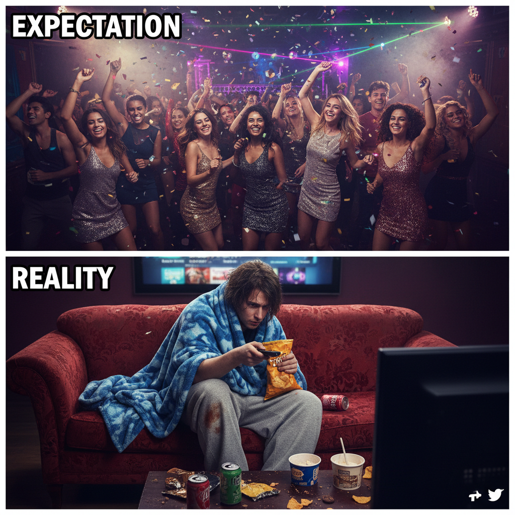 Friday night plans: wild party. Friday night reality: wild Netflix binge with snacks.