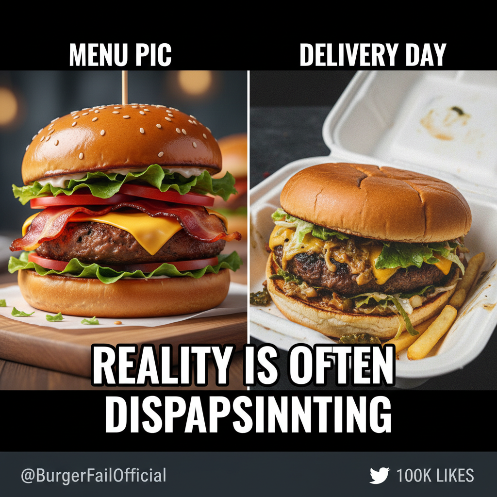 Ordered a gourmet burger, got a sad patty that looks like it lost a fight. #FoodDeliveryFail