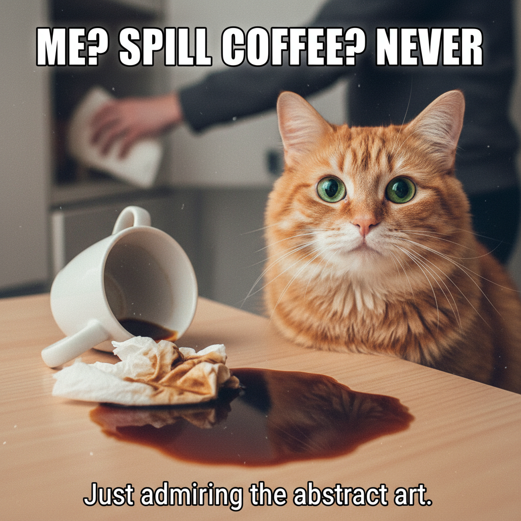 My cat just knocked my coffee over to get attention. Still love him. Send paper towels.