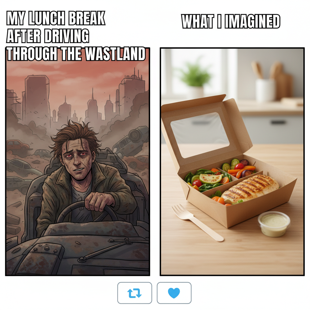 My food delivery driver looking like they just survived the apocalypse vs. my pristine order.