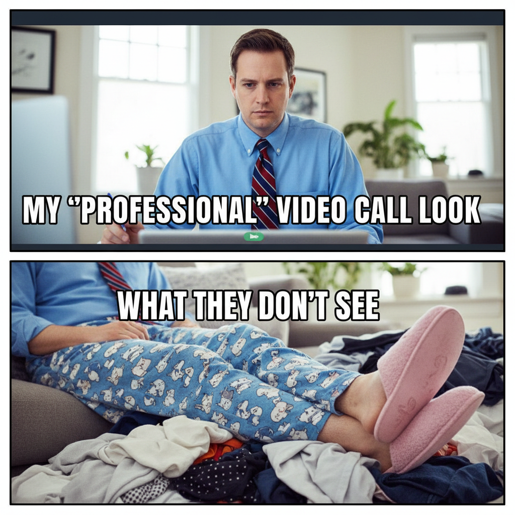 My WFH setup: Business on top, pajama party on the bottom. The ultimate disguise.
