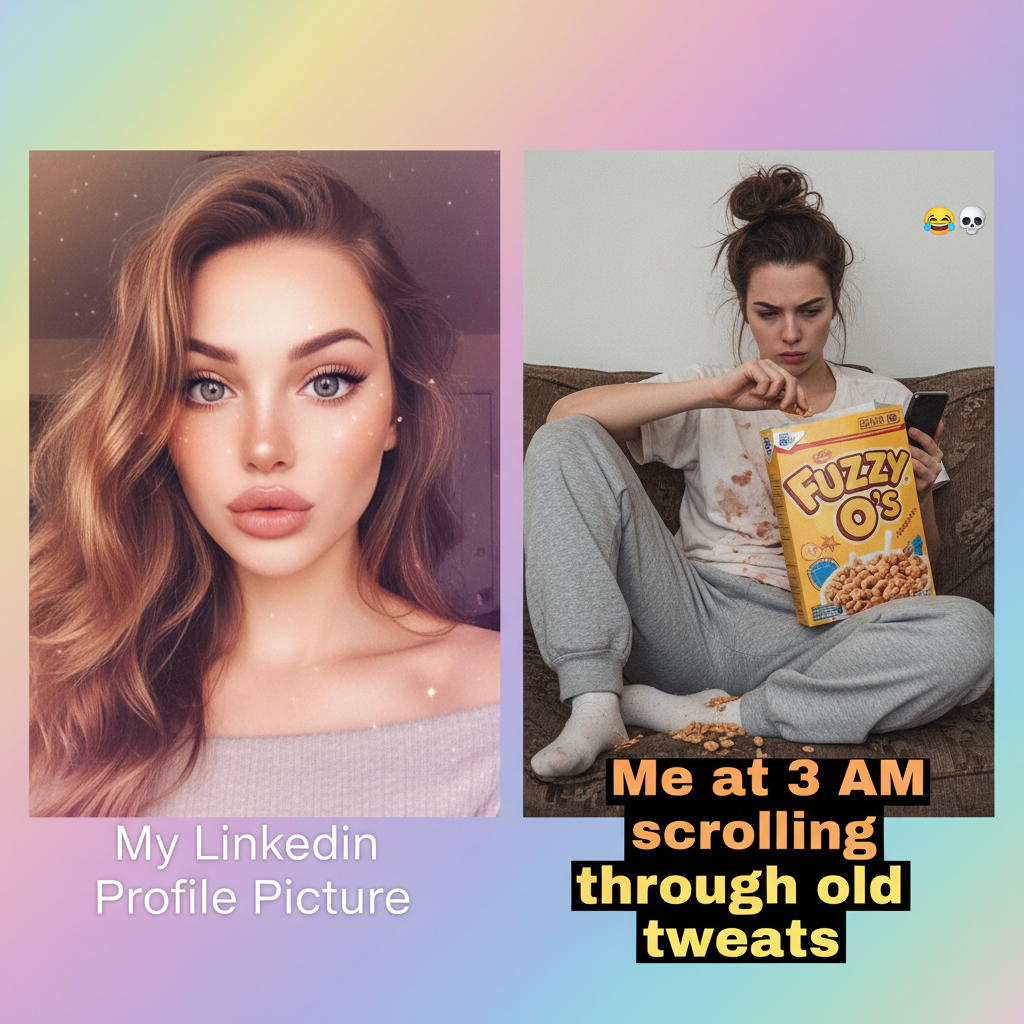 My dating app profile vs. me in real life. It's called ✨aspirational marketing✨