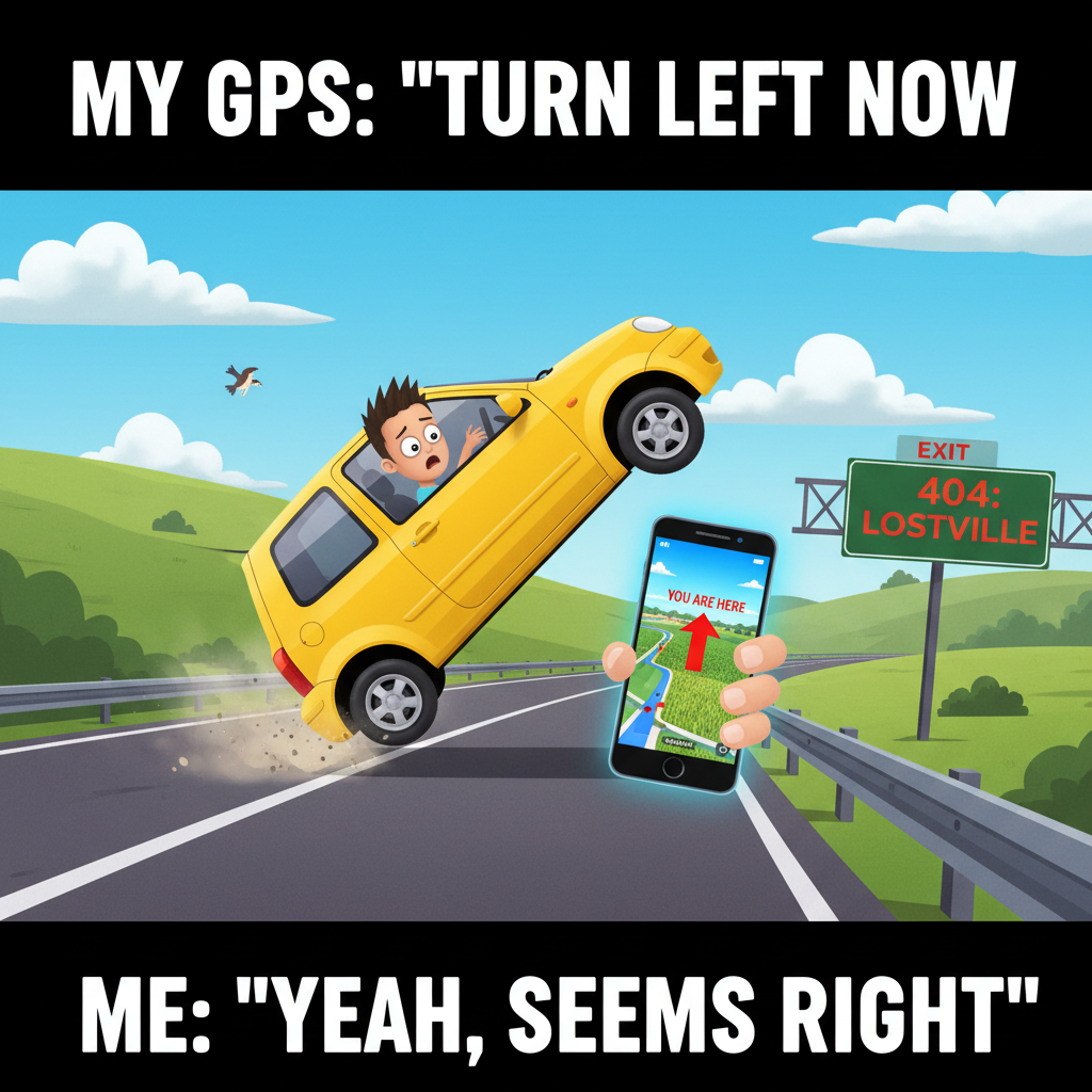 GPS said 'turn left in 50 feet' while I was going 70mph. My life is a Fast & Furious outtake.
