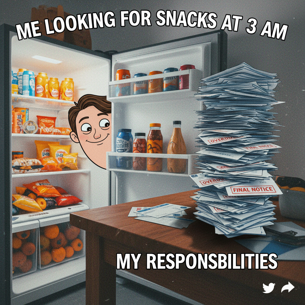 Adulting is just making sure the fridge has food while simultaneously avoiding eye contact with your bills.