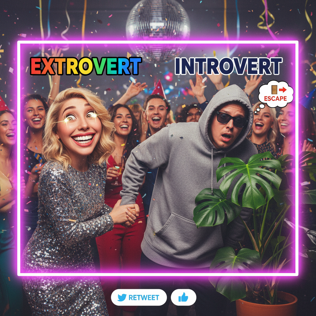When the extrovert drags the introvert to a party. One is thriving, the other is planning their escape route.