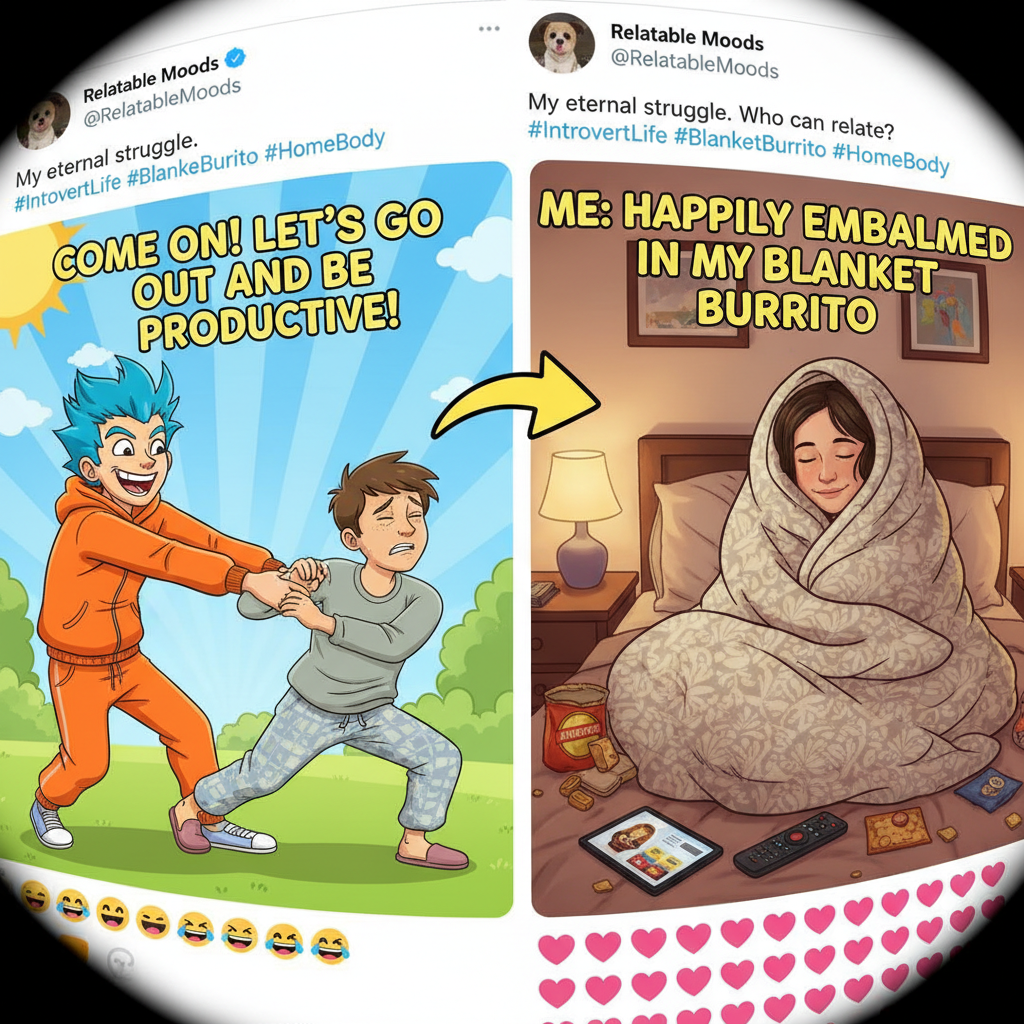 My extrovert friend: 'Let's go out!' Me, an introvert: *hides under blanket* 'My social battery is 1%!'