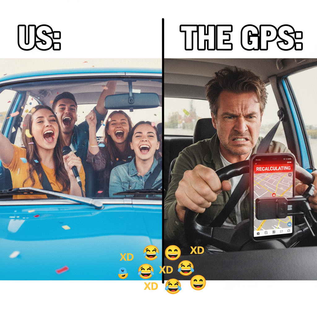 Road tripping with friends vs. road tripping with the GPS lady who insists on 'recalculating'.