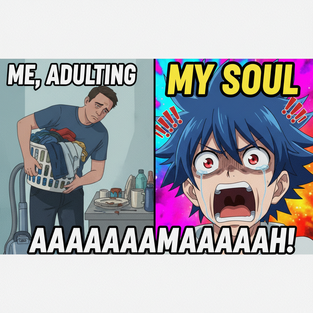 Me trying to adult vs. my inner anime protagonist screaming 'NOOOOO!'