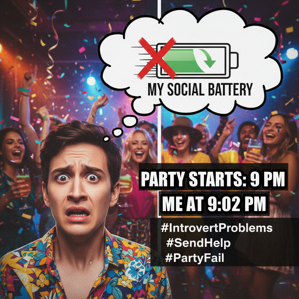 Introvert at a party: 'I've recharged my social battery for 3 minutes, now I need 3 days.'