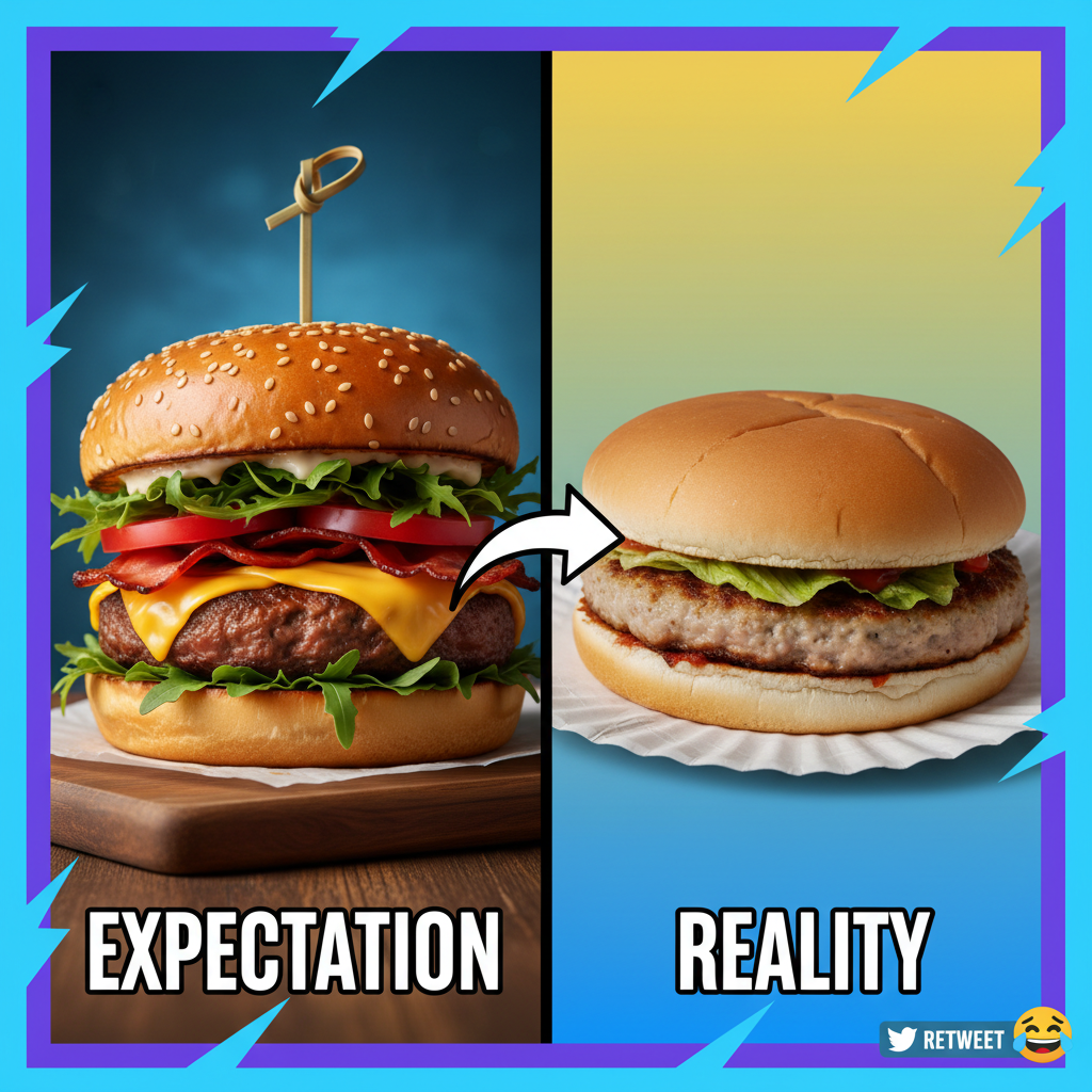 Ordered a gourmet burger, got a sad patty on a bun. My disappointment is immeasurable.