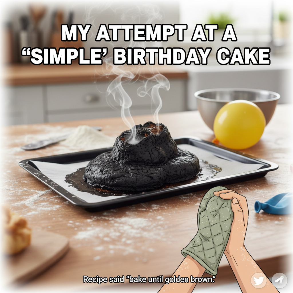 Tried to bake a cake, ended up with a charcoal briquette. My kitchen is a crime scene. #CookingFail