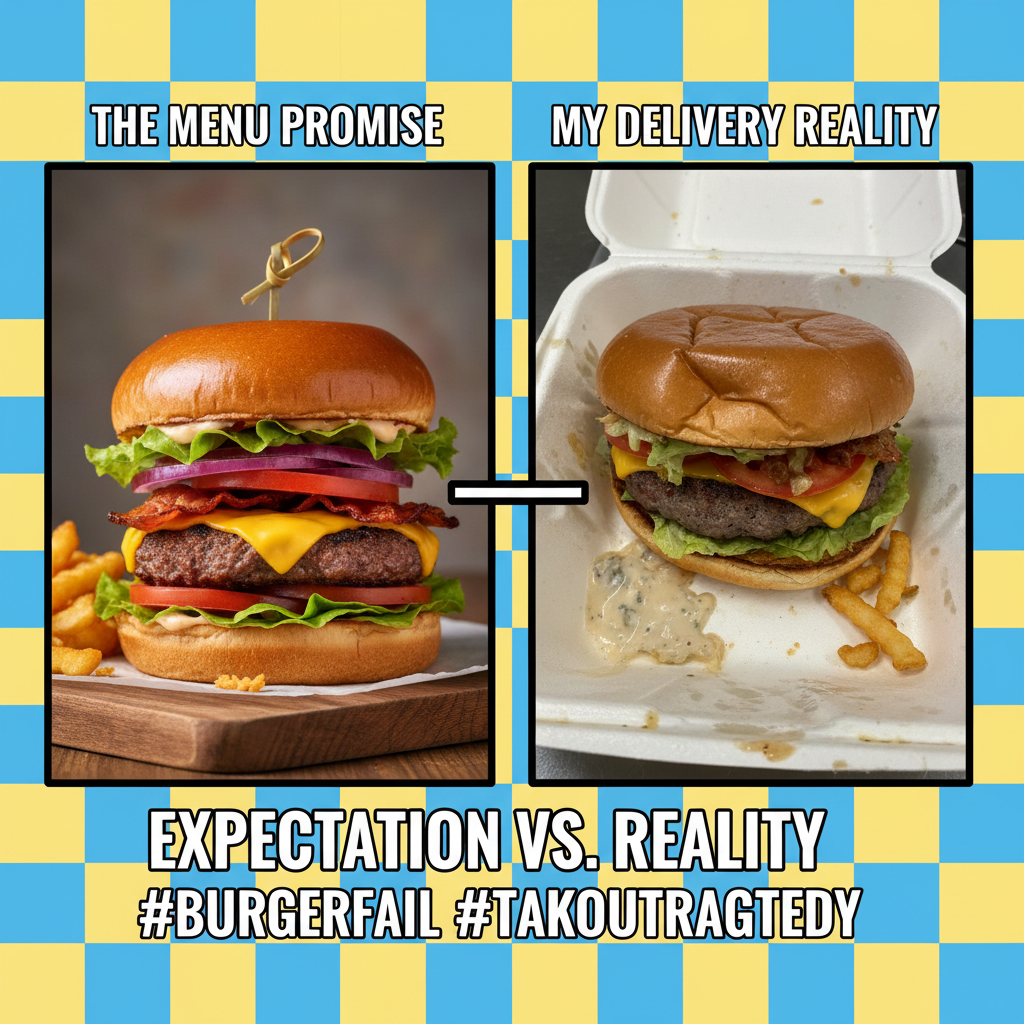 Ordered a gourmet burger, got a sad patty on a bun. Expectations vs. Reality.