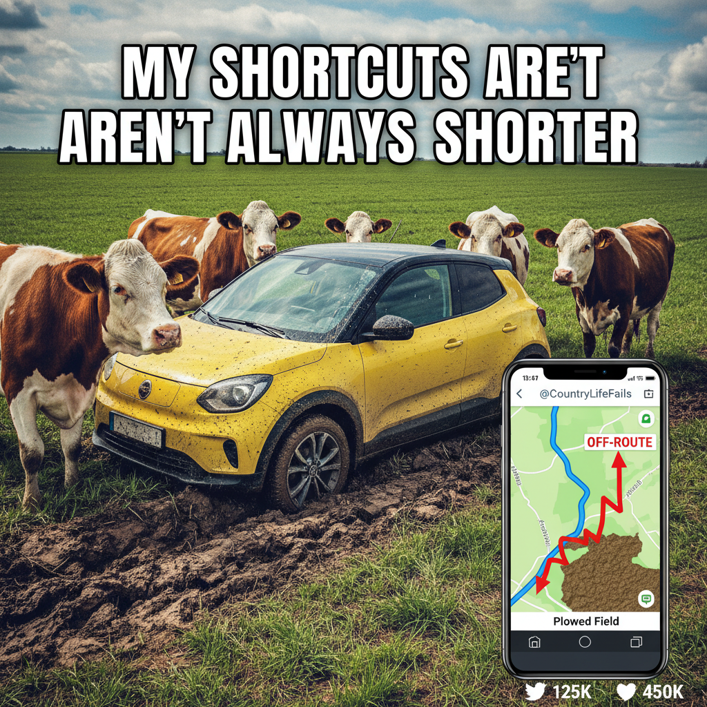 GPS said 'turn left in 500 feet.' We're now in a cow pasture. Thanks, Siri.