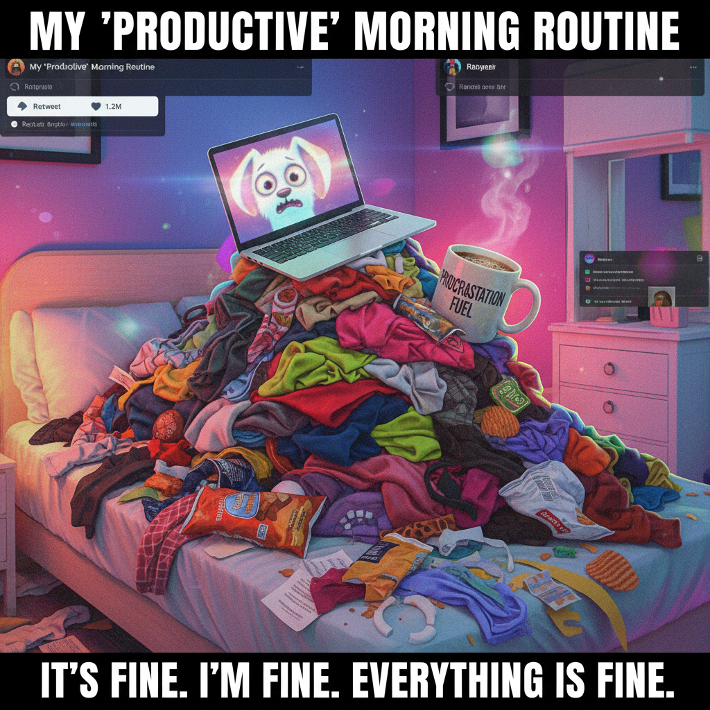 My WFH 'office' is just my bed with a laptop on a pile of laundry. Peak productivity. 💻🧺