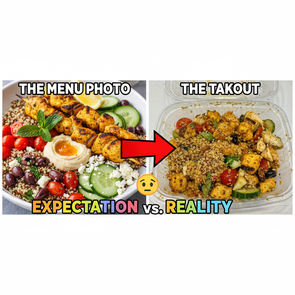 Food delivery app photo vs. what actually arrives. It's a jump scare every time.