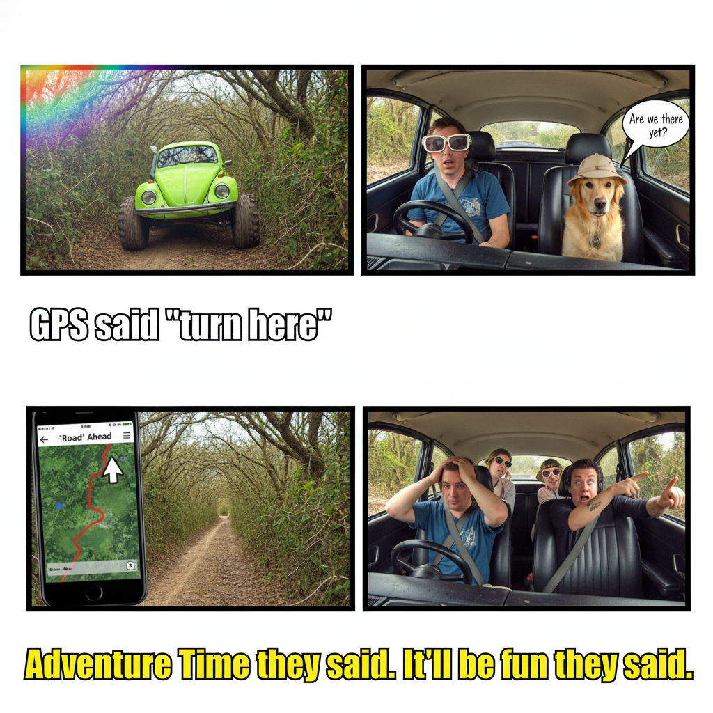 GPS said 'turn left in 500 feet.' I'm pretty sure we're now in a different dimension.
