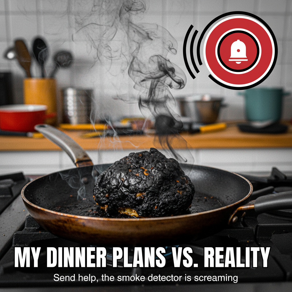 Attempted to make a gourmet meal. Ended up with charcoal and a fire alarm serenade.