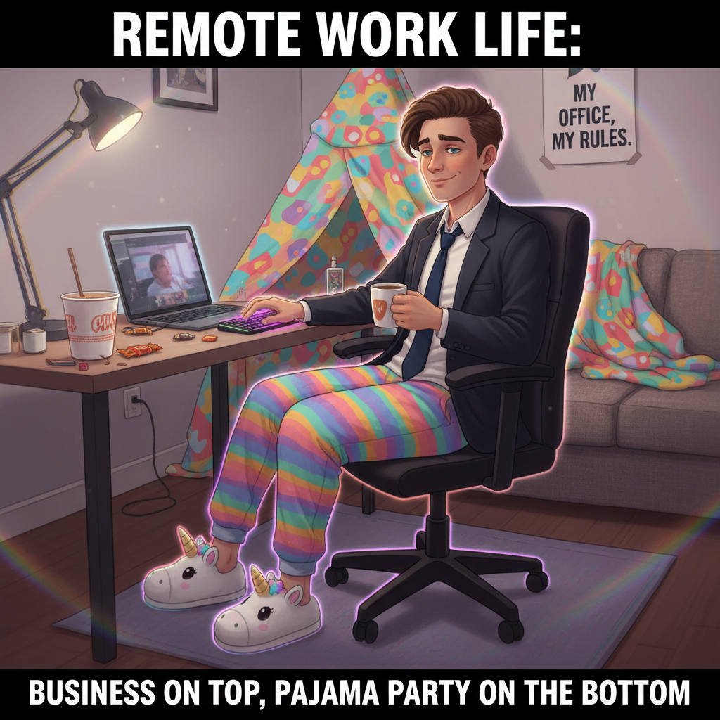 My WFH uniform is 50% pajamas, 50% existential dread, 100% comfy.