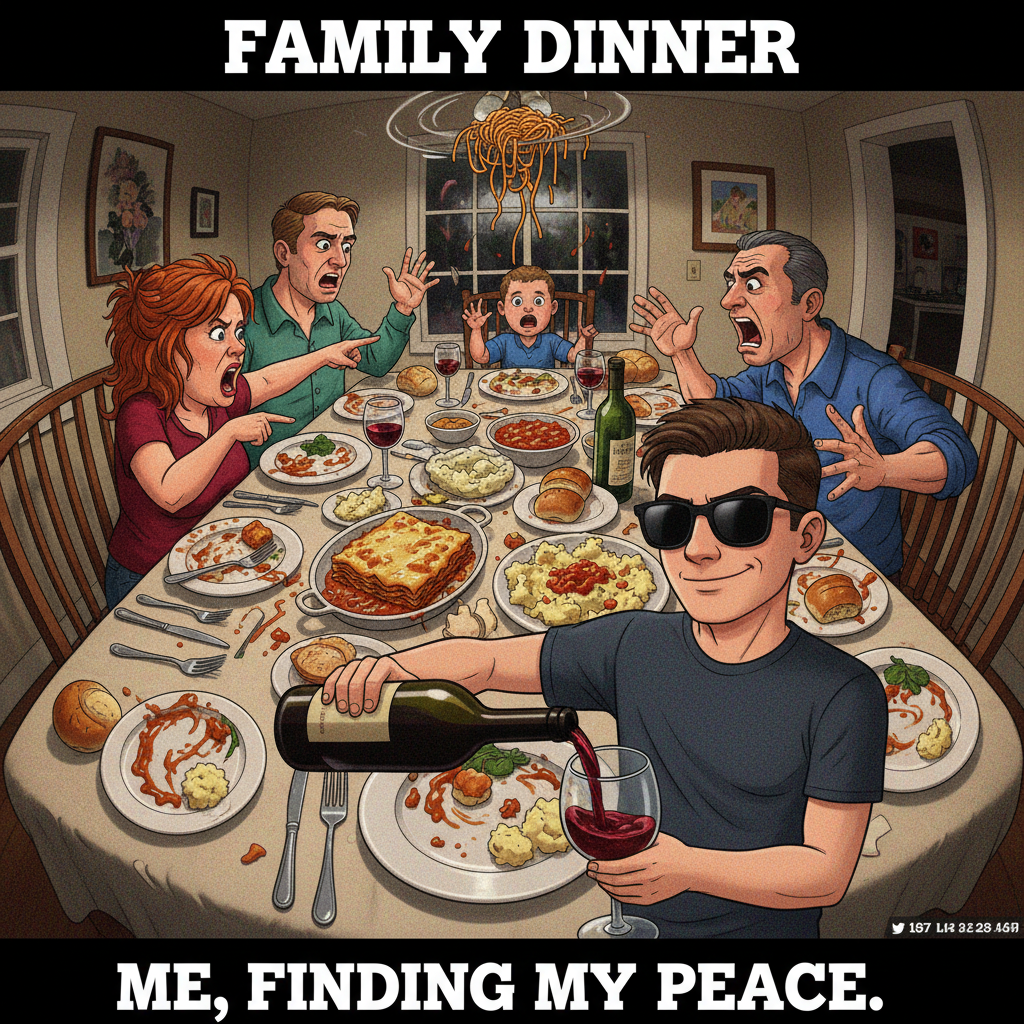 Holiday dinner: where 'pass the salt' turns into a 3-hour family debate. Send wine.