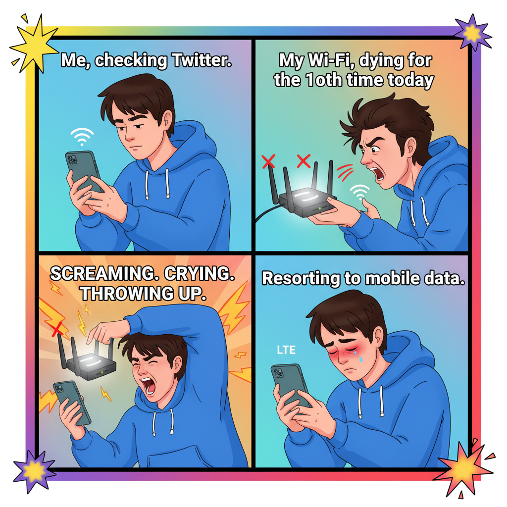 The 5 stages of grief when the WiFi goes down: Denial, Anger, Bargaining, Depression, Data Plan.