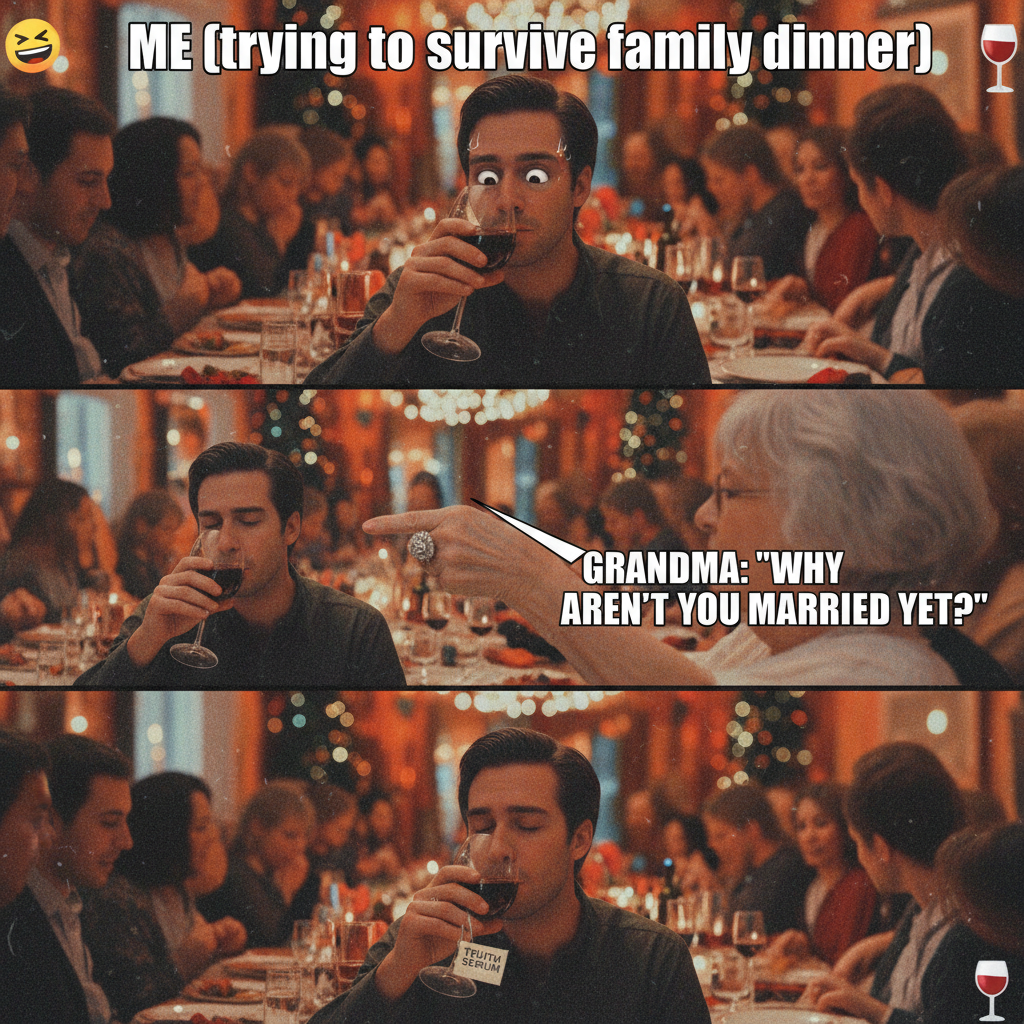 My aunt just asked me why I'm still single at the dinner table. Send help and more wine.