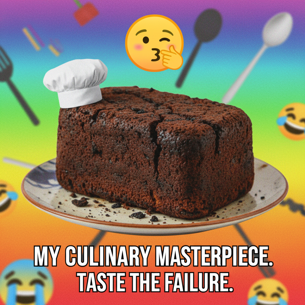 Attempted to bake a cake, ended up with a delicious brick. Chef's kiss.
