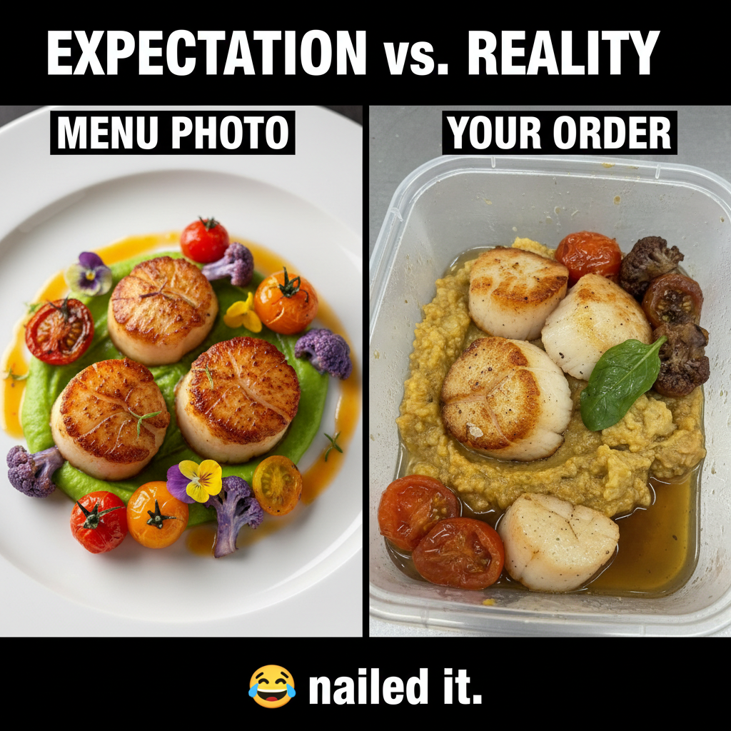 The gourmet meal I ordered vs. the sad, squished reality that arrived.