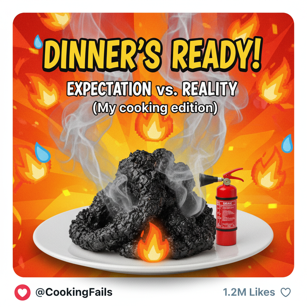 My 'gourmet meal' turned into a charcoal briquette. Send help and a fire extinguisher. #CookingFail