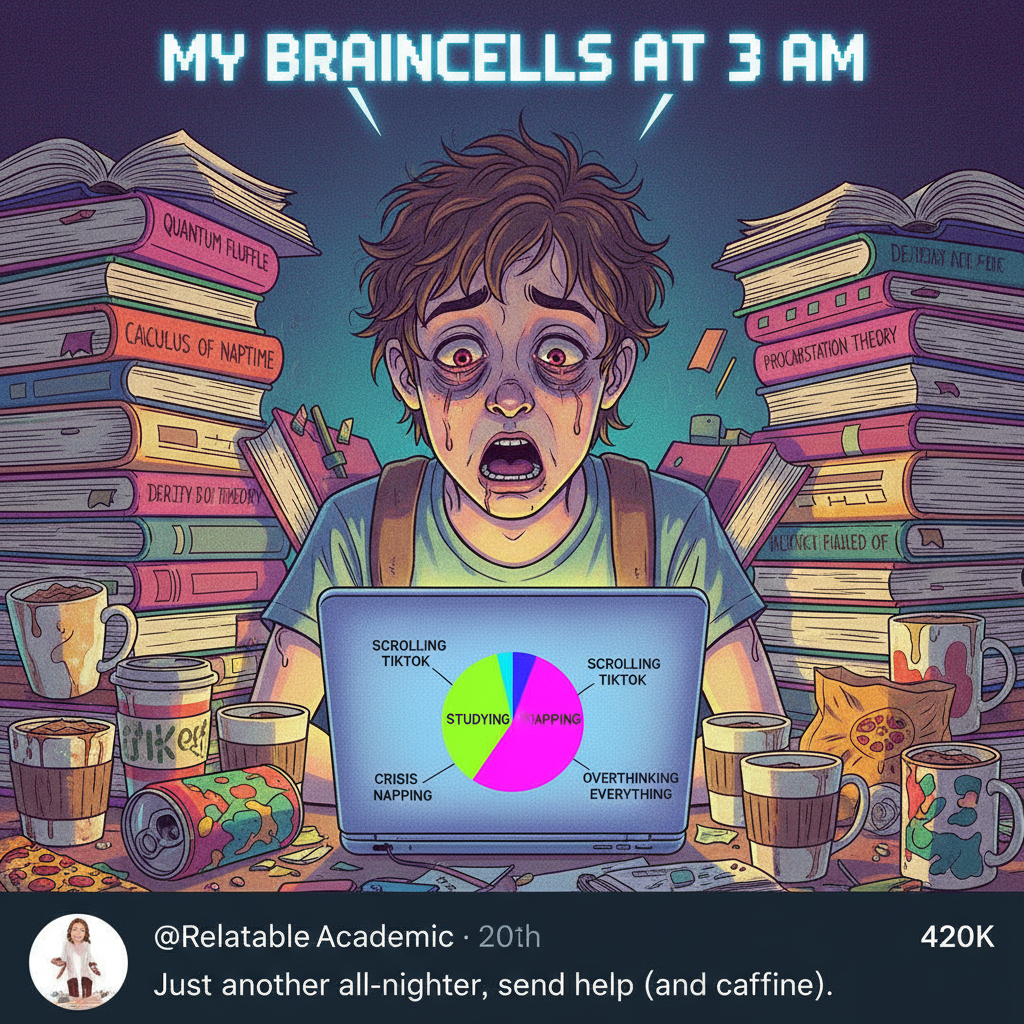 My brain during exam season is 90% caffeine, 10% panic, 0% actual knowledge. Pray for me. #StudentLife